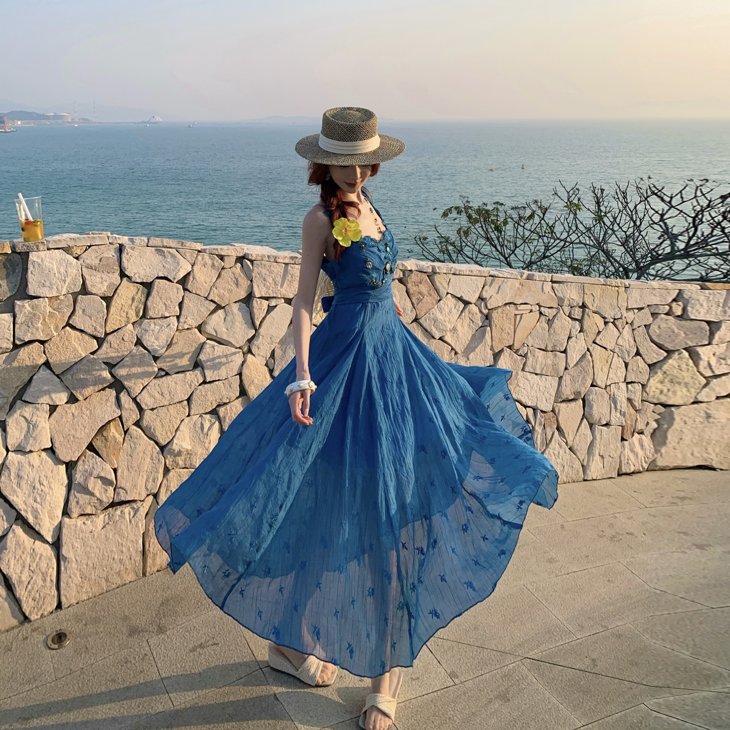 Cobalt Blue Embroidered Sleeveless A-Line Vacation Dress - Image 5