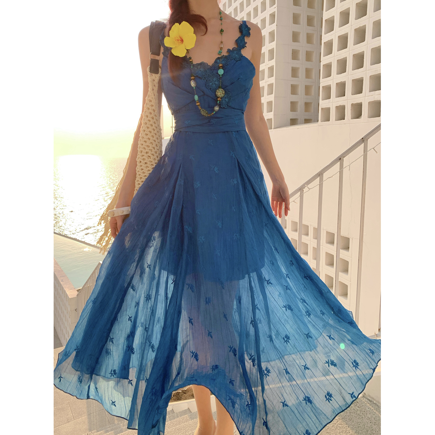 Cobalt Blue Embroidered Sleeveless A-Line Vacation Dress