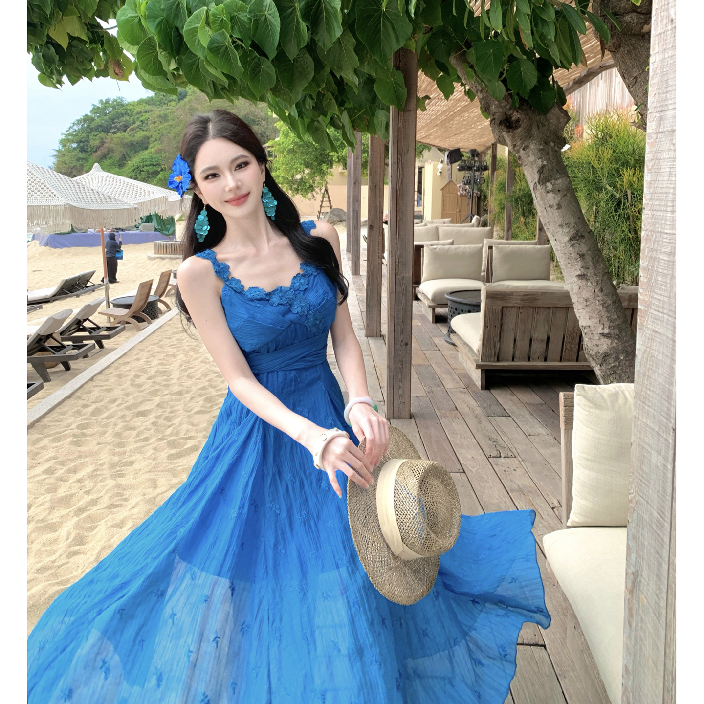 Cobalt Blue Embroidered Sleeveless A-Line Vacation Dress - Image 4