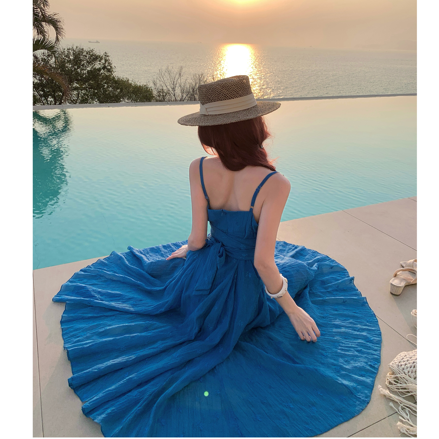 Cobalt Blue Embroidered Sleeveless A-Line Vacation Dress - Image 3
