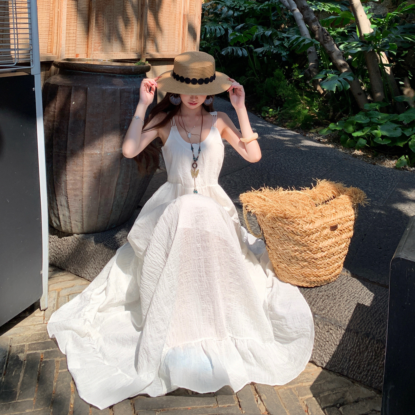 French Vacation Style Textured Beige Cami Dress Women Summer New Ethereal Long Dress - Image 4