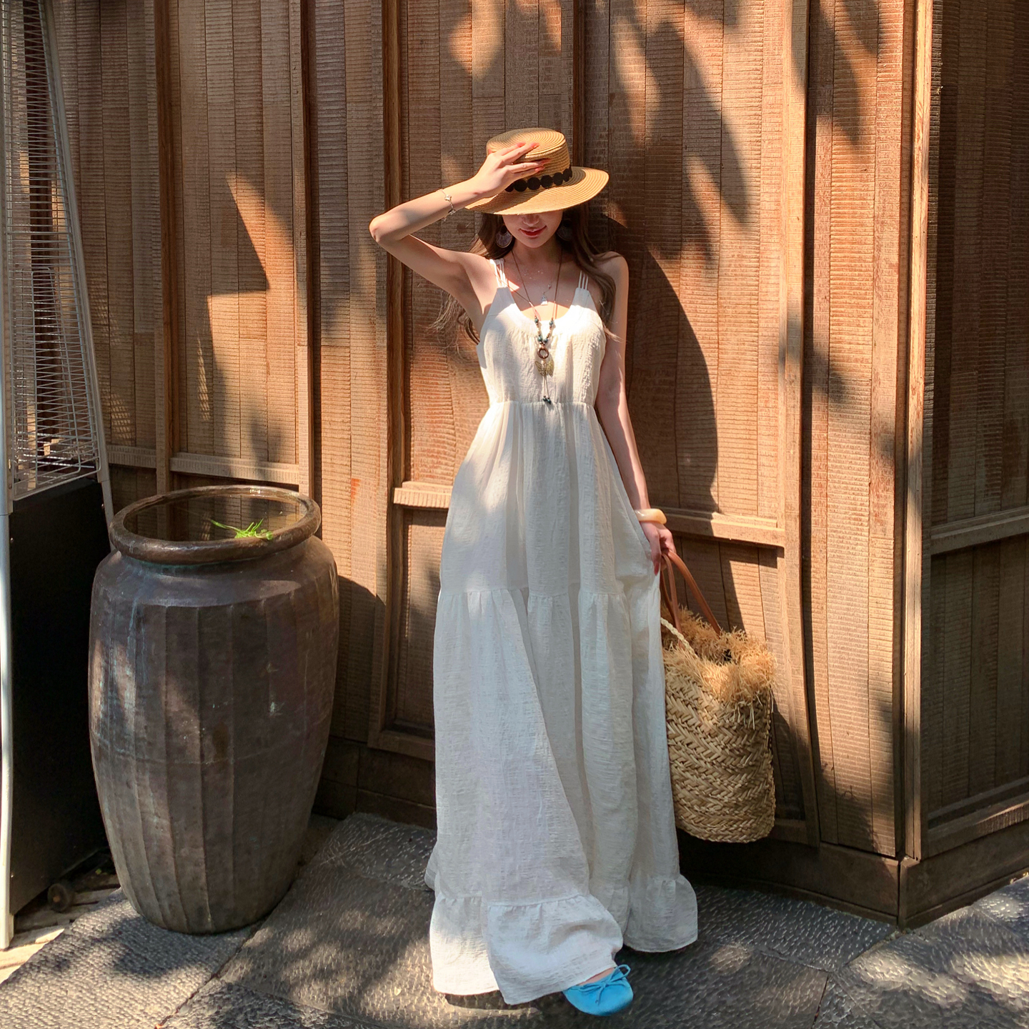 French Vacation Style Textured Beige Cami Dress Women Summer New Ethereal Long Dress - Image 5