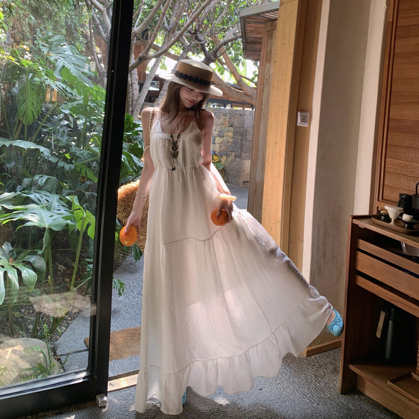 French Vacation Style Textured Beige Cami Dress Women Summer New Ethereal Long Dress