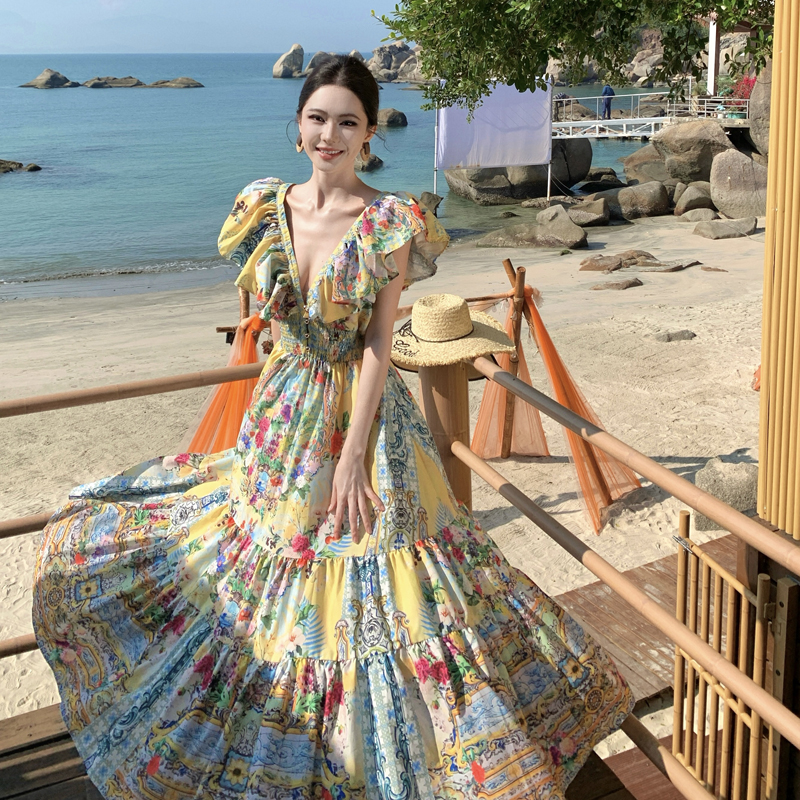 Vintage Palace Style Flutter Sleeve V-Neck Midi Dress Irregular Print Camilla Dress - Image 4