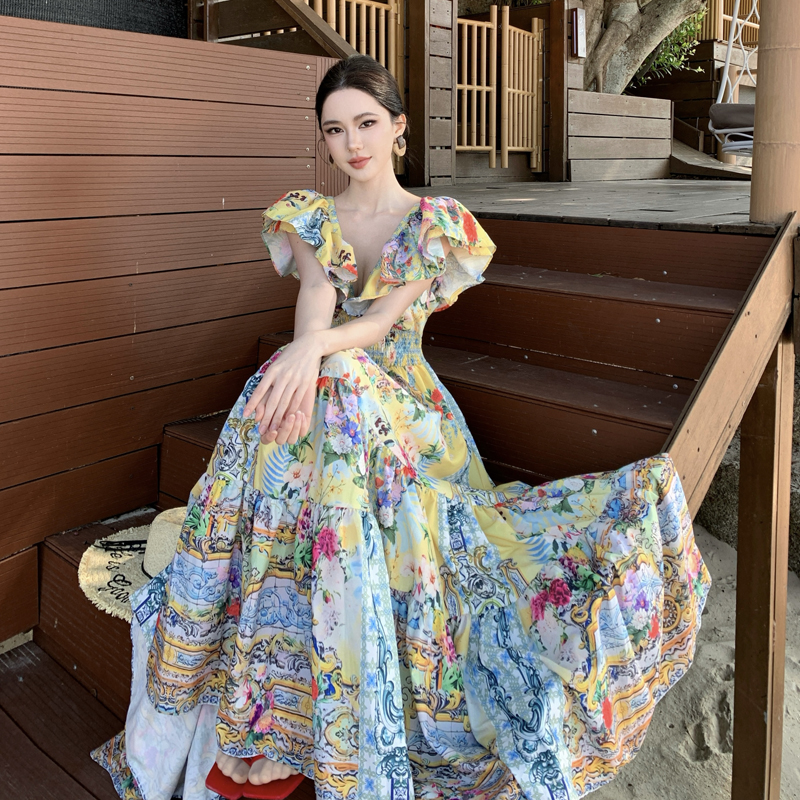 Vintage Palace Style Flutter Sleeve V-Neck Midi Dress Irregular Print Camilla Dress