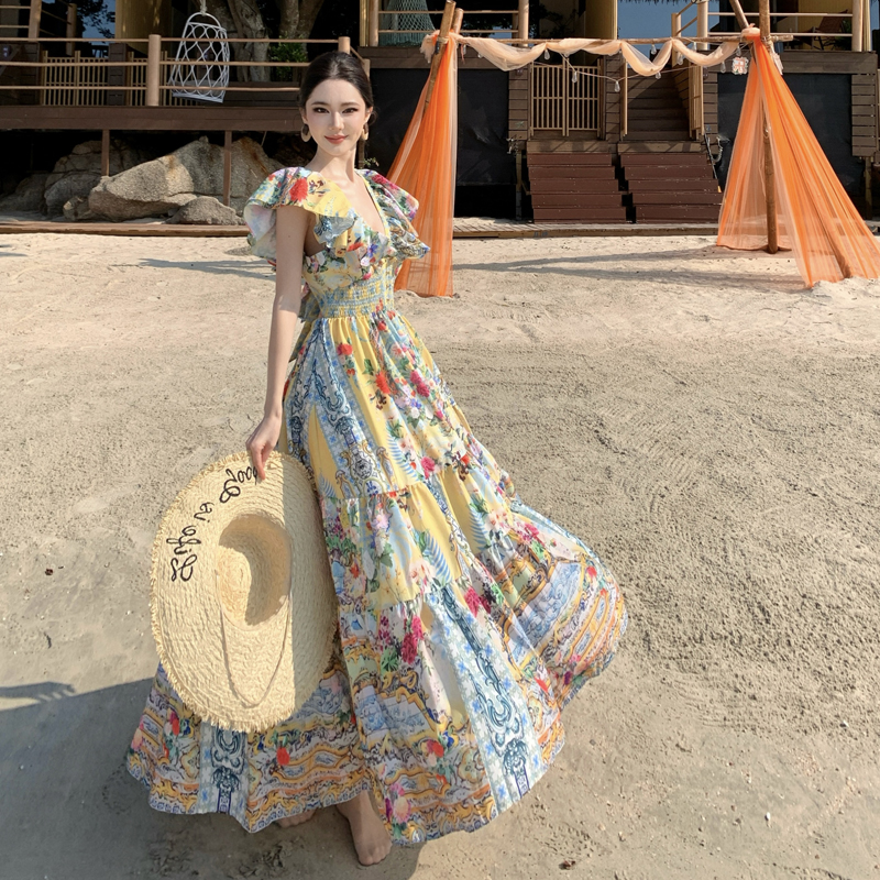 Vintage Palace Style Flutter Sleeve V-Neck Midi Dress Irregular Print Camilla Dress - Image 5
