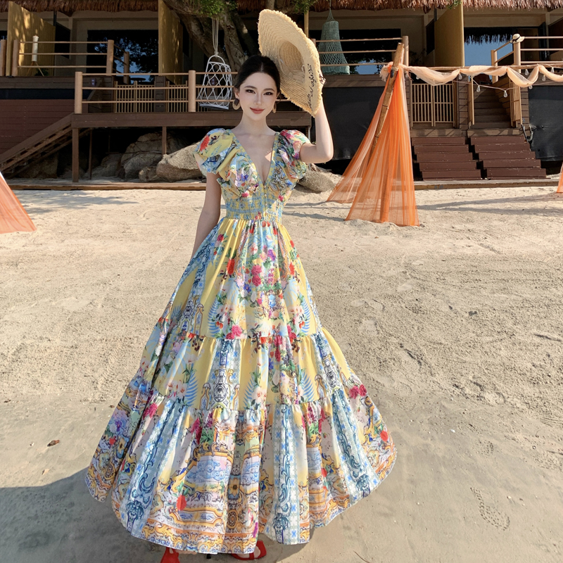 Vintage Palace Style Flutter Sleeve V-Neck Midi Dress Irregular Print Camilla Dress