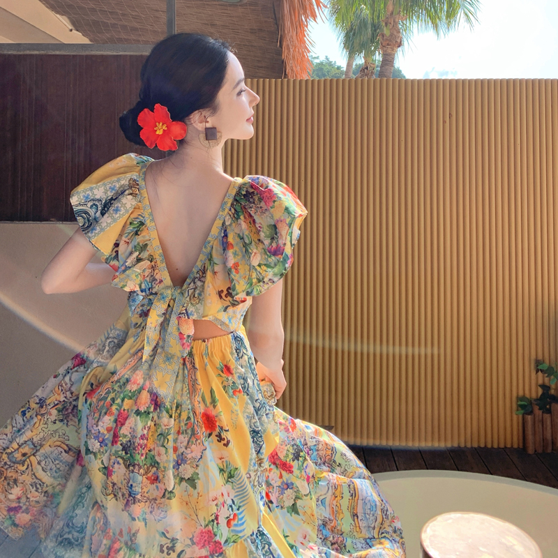 Vintage Palace Style Flutter Sleeve V-Neck Midi Dress Irregular Print Camilla Dress - Image 3