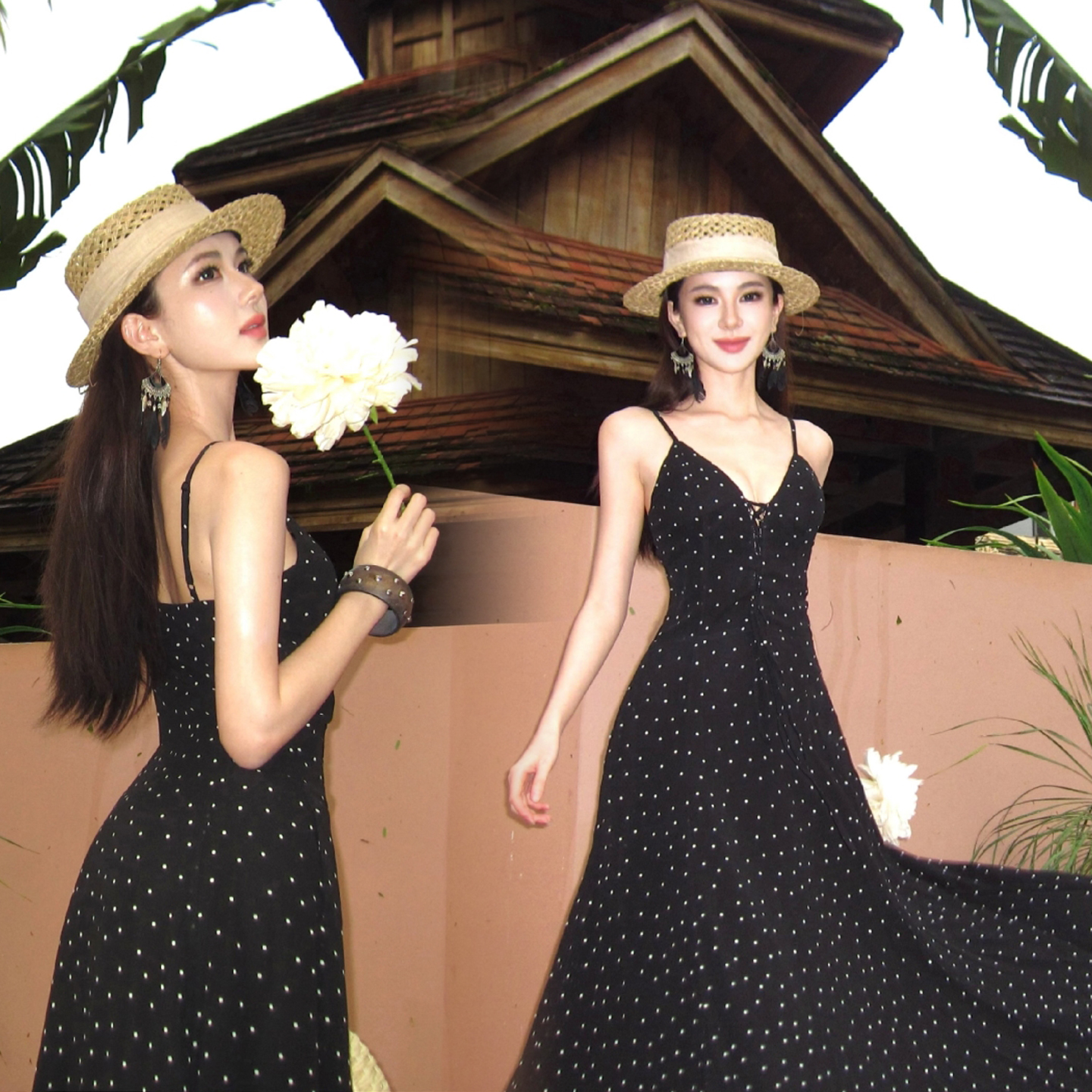 French Retro Polka Dot V-Neck Cross Strap Slimming High Waist A-Line Cami Dress - Style 4cb90a - Image 3