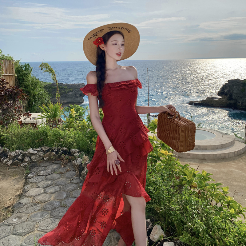 Red Embroidered Cami Dress Women Irregular Ruffle High Slit Beach Vacation Long Dress - Image 5