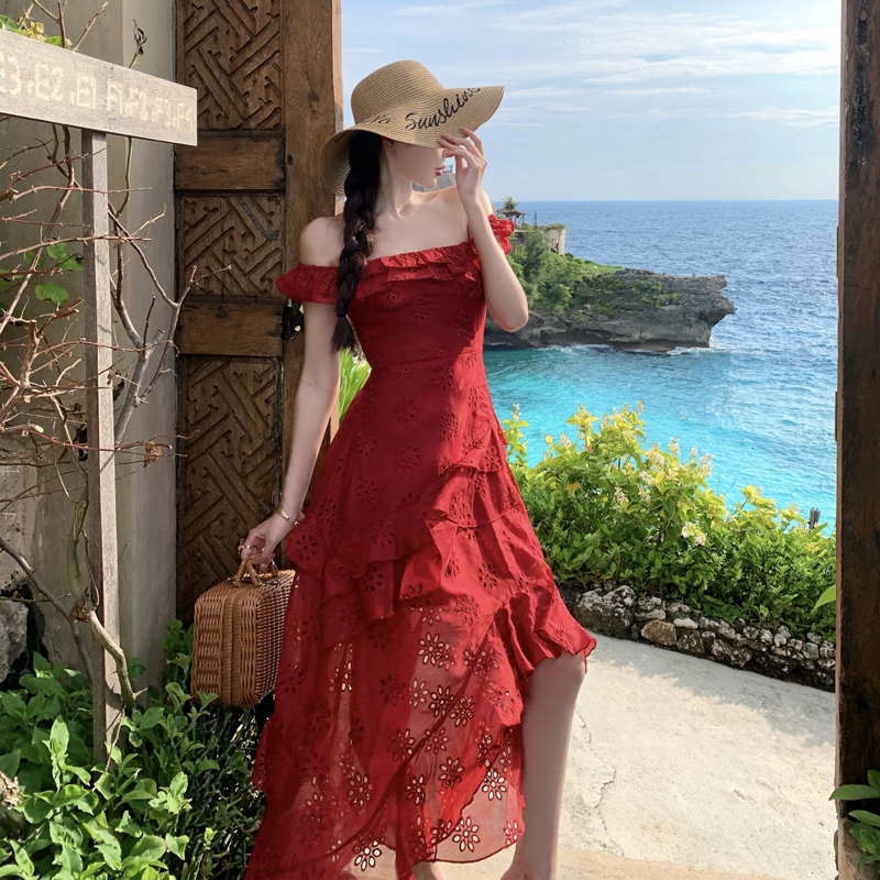 Red Embroidered Cami Dress Women Irregular Ruffle High Slit Beach Vacation Long Dress - Image 3