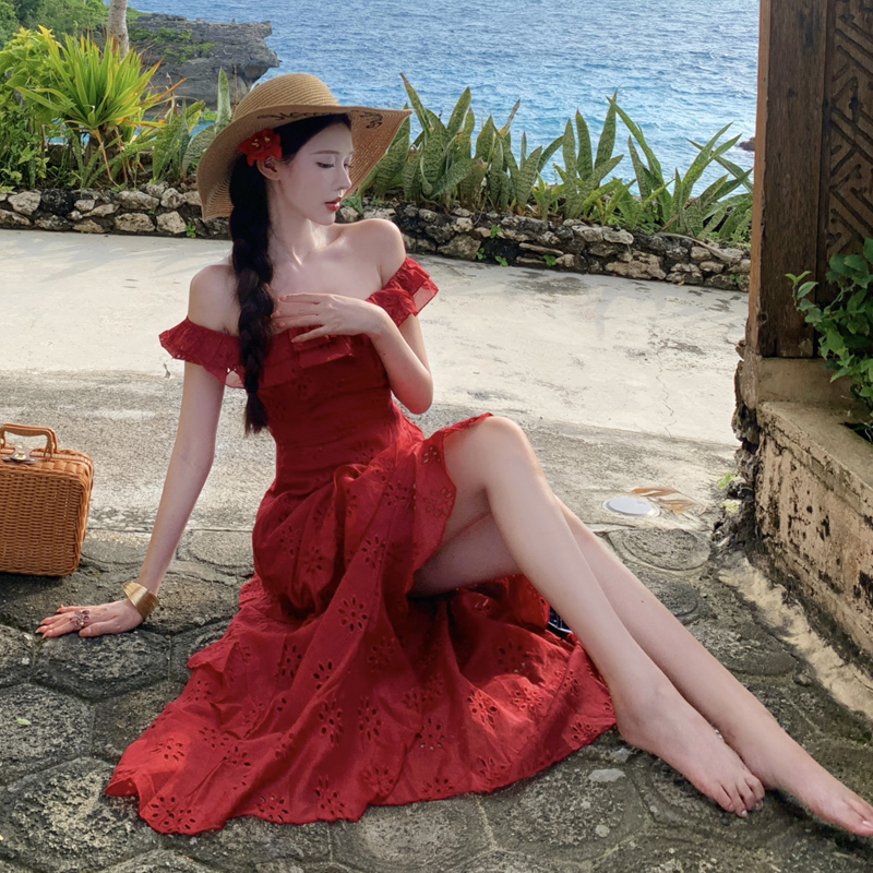 Red Embroidered Cami Dress Women Irregular Ruffle High Slit Beach Vacation Long Dress - Image 4