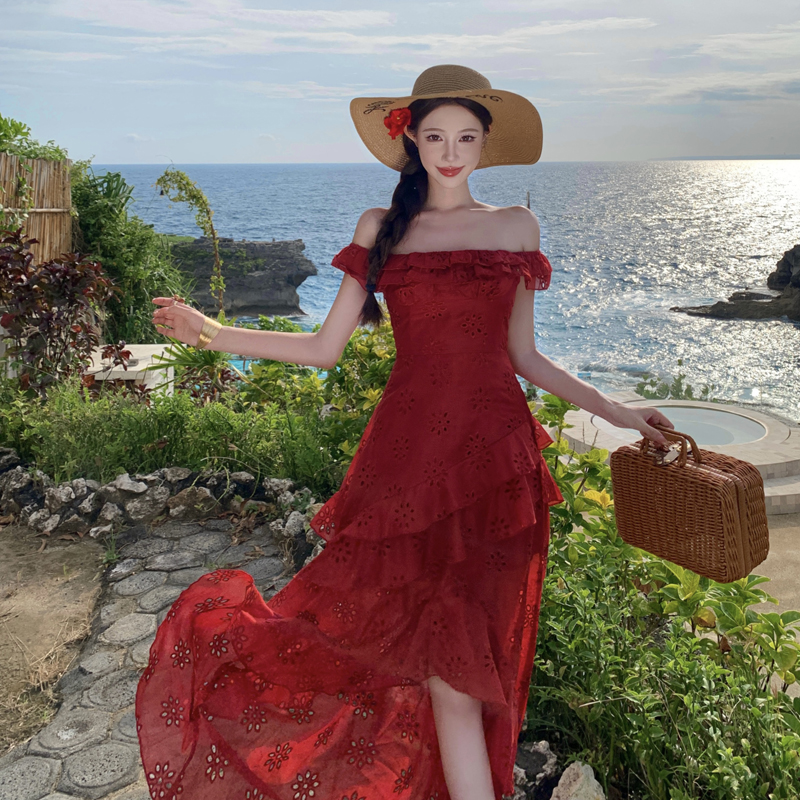 Red Embroidered Cami Dress Women Irregular Ruffle High Slit Beach Vacation Long Dress