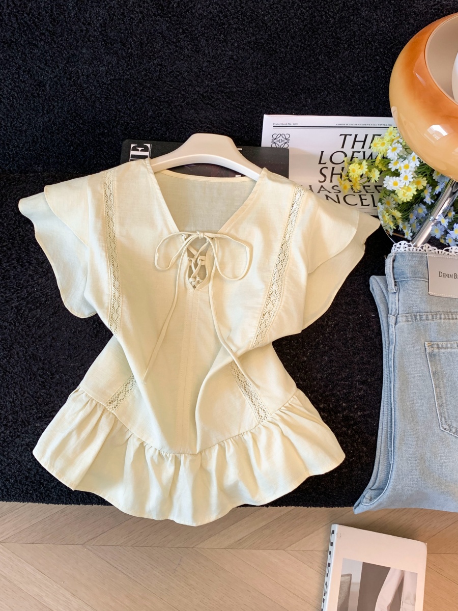 French Ruffle V-Neck Tie-Front Fly Sleeve Blouse for Women Sweet Lace Panel Top - Image 2