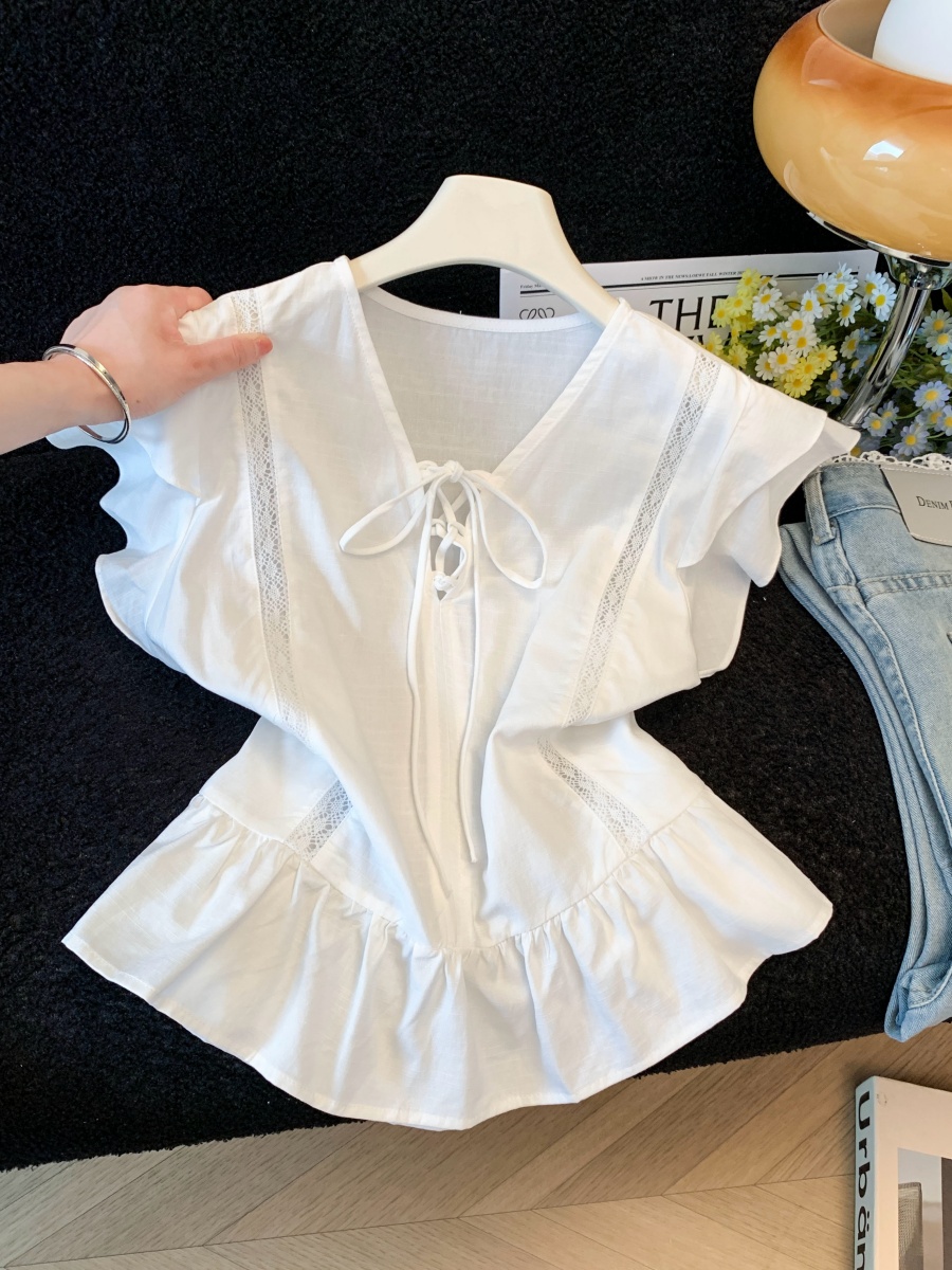 French Ruffle V-Neck Tie-Front Fly Sleeve Blouse for Women Sweet Lace Panel Top - Image 3