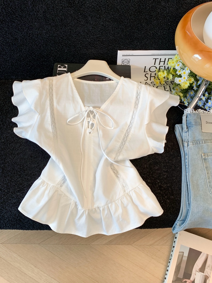 French Ruffle V-Neck Tie-Front Fly Sleeve Blouse for Women Sweet Lace Panel Top - Image 4