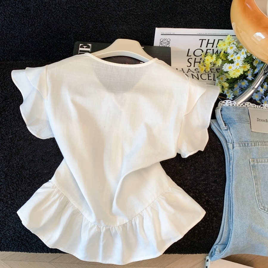 French Ruffle V-Neck Tie-Front Fly Sleeve Blouse for Women Sweet Lace Panel Top - Image 5