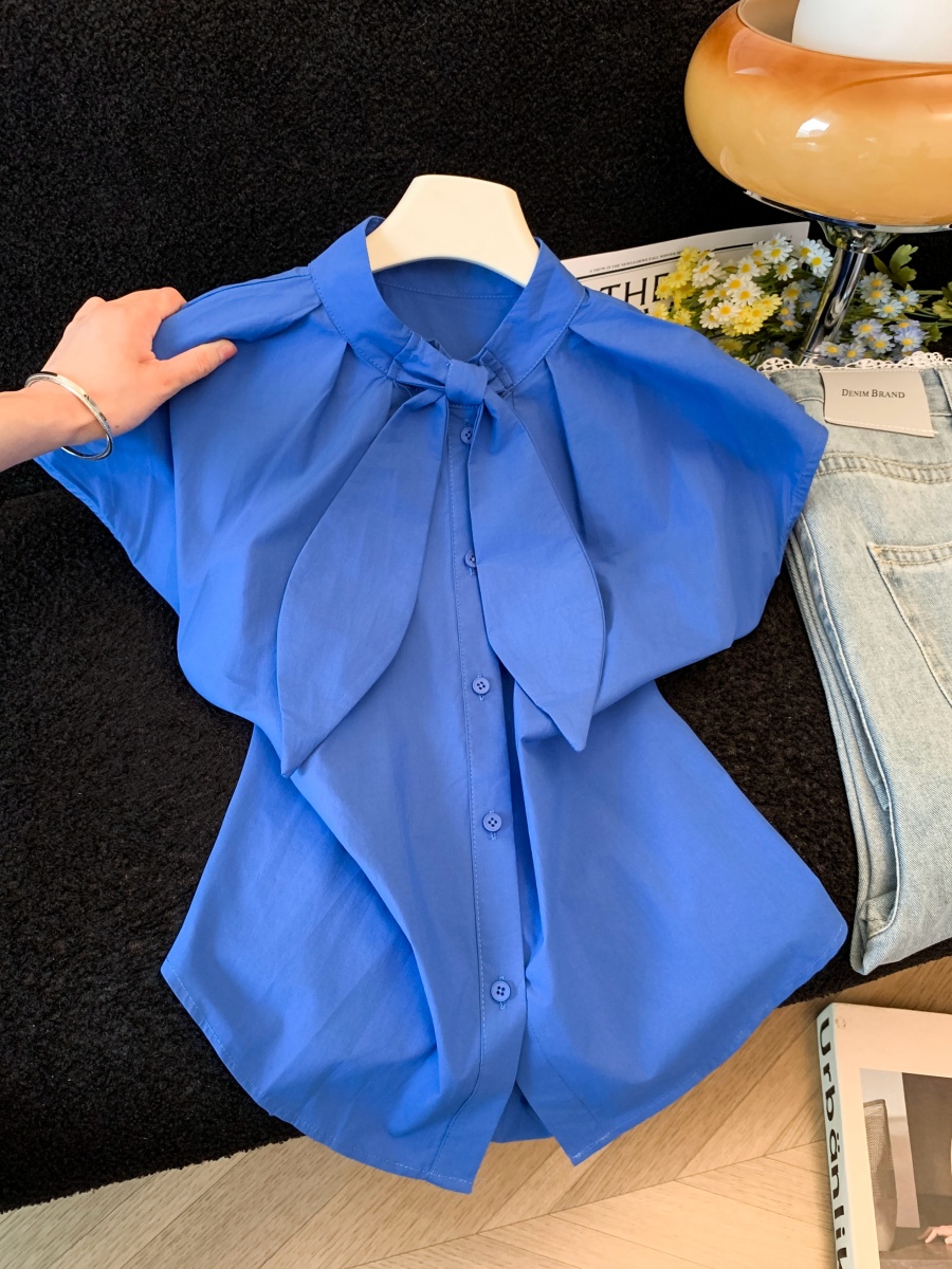 Korean Style Tie-Front Blouse with Petal Sleeves and Pointed Collar