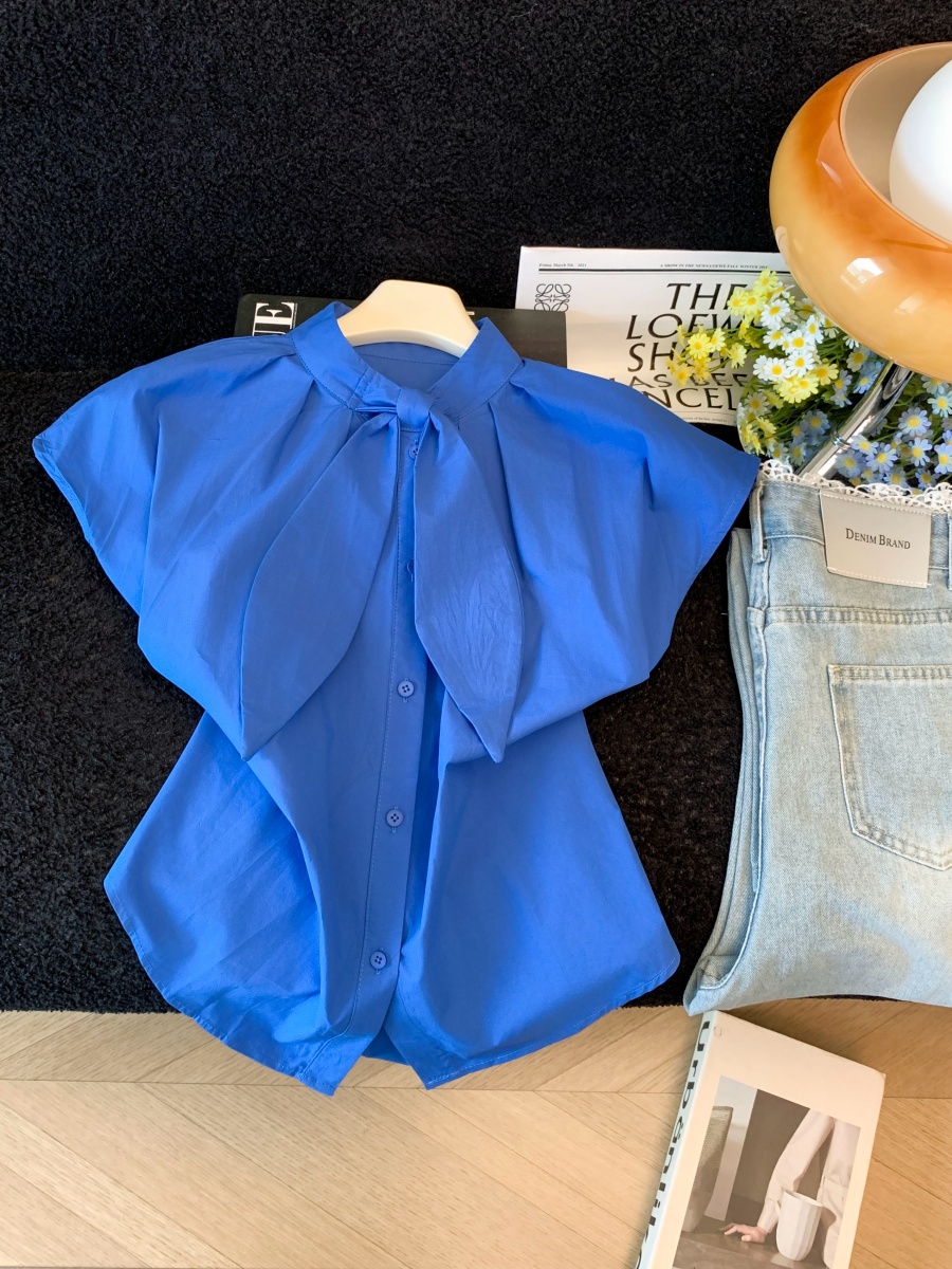 Korean Style Tie-Front Blouse with Petal Sleeves and Pointed Collar - Image 2