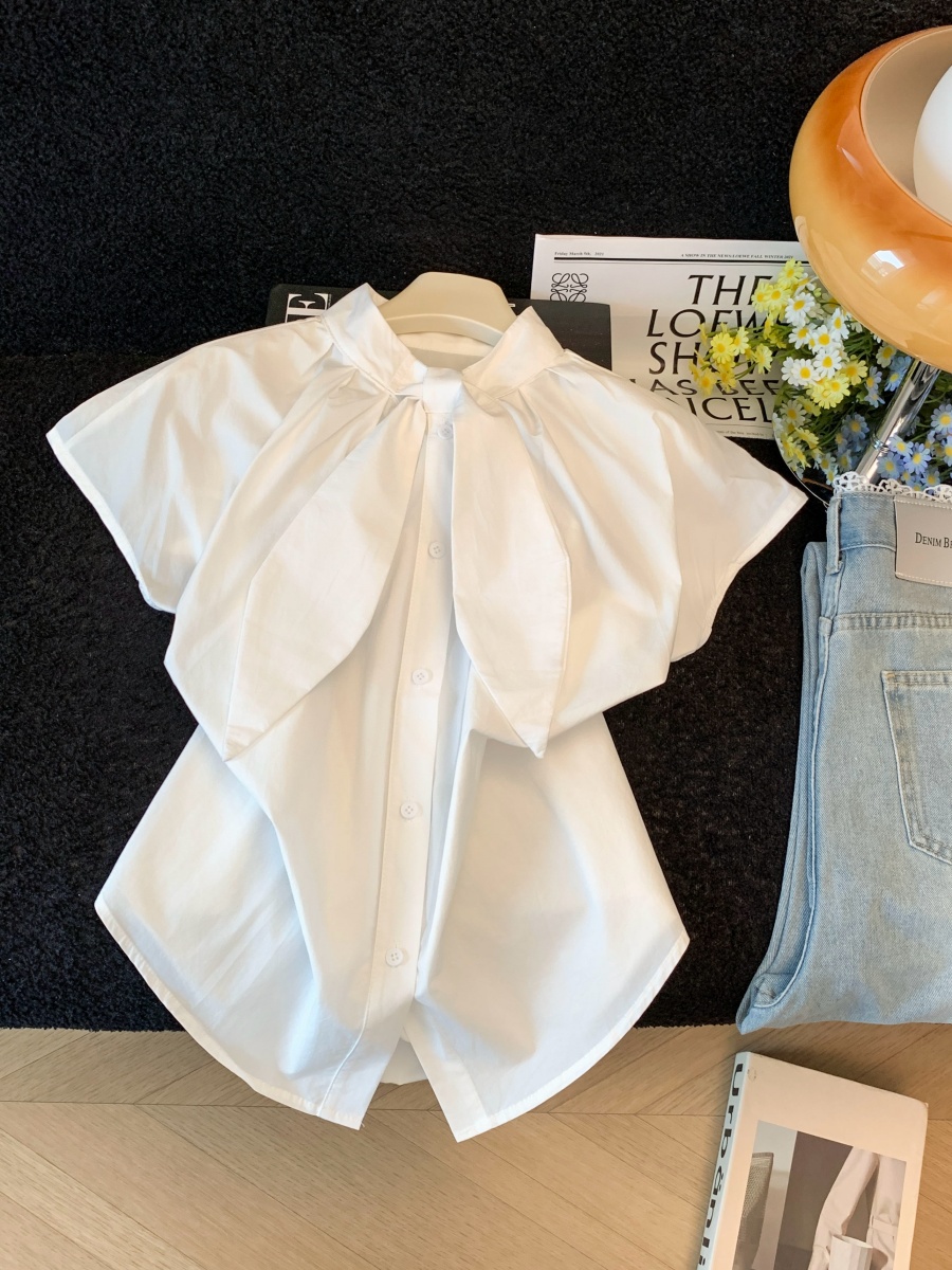 Korean Style Tie-Front Blouse with Petal Sleeves and Pointed Collar - Image 4