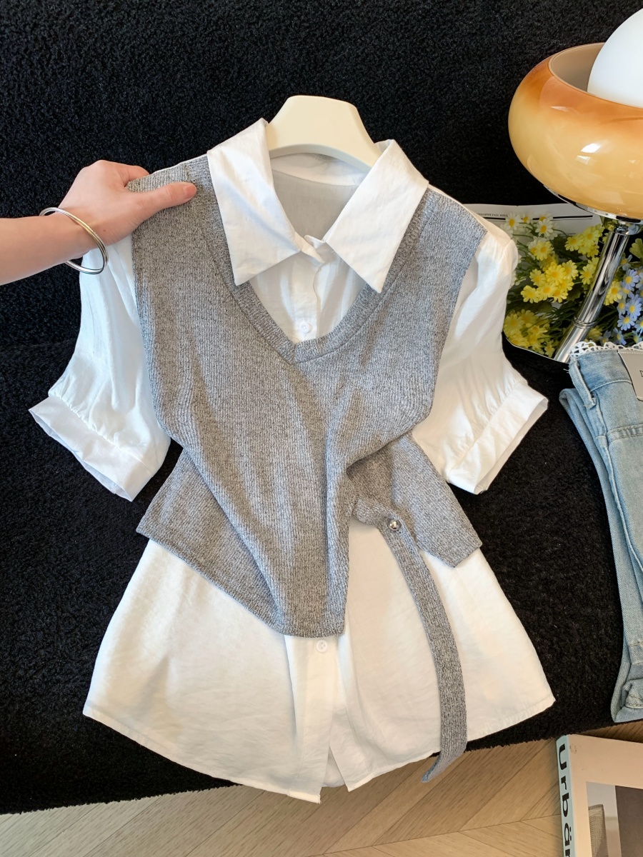 Women Summer Faux Two-Piece Short Sleeve Shirt Irregular Hem Top - Image 3