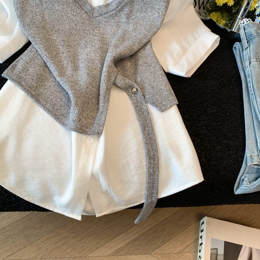 Women Summer Faux Two-Piece Short Sleeve Shirt Irregular Hem Top - Image 5