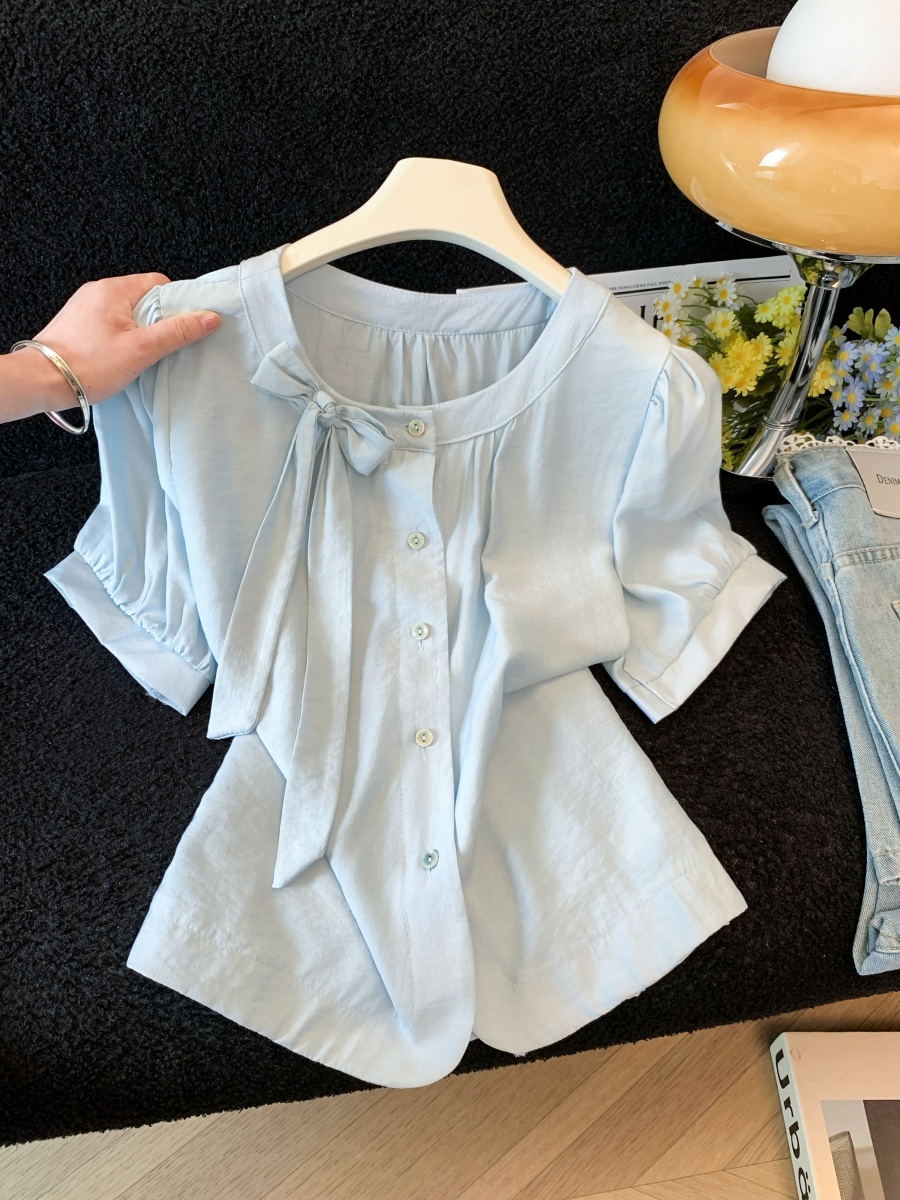Sweet Bow Tie Short Sleeve Women’s Shirt Summer 2026 New Loose Fit Blouse