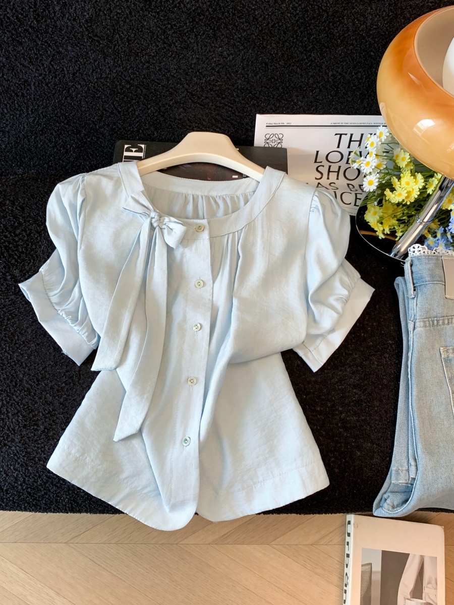 Sweet Bow Tie Short Sleeve Women’s Shirt Summer 2026 New Loose Fit Blouse