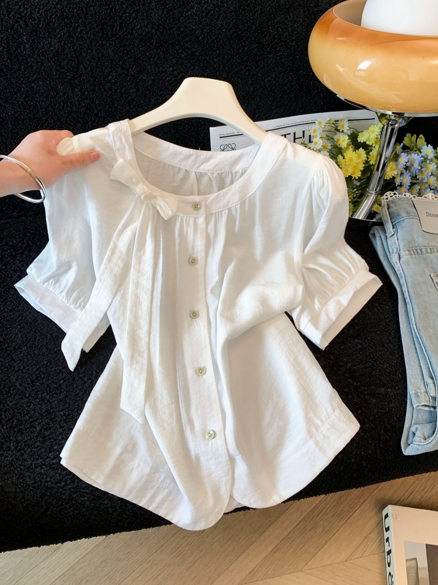 Sweet Bow Tie Short Sleeve Women's Shirt Summer 2026 New Loose Fit Blouse - Image 3