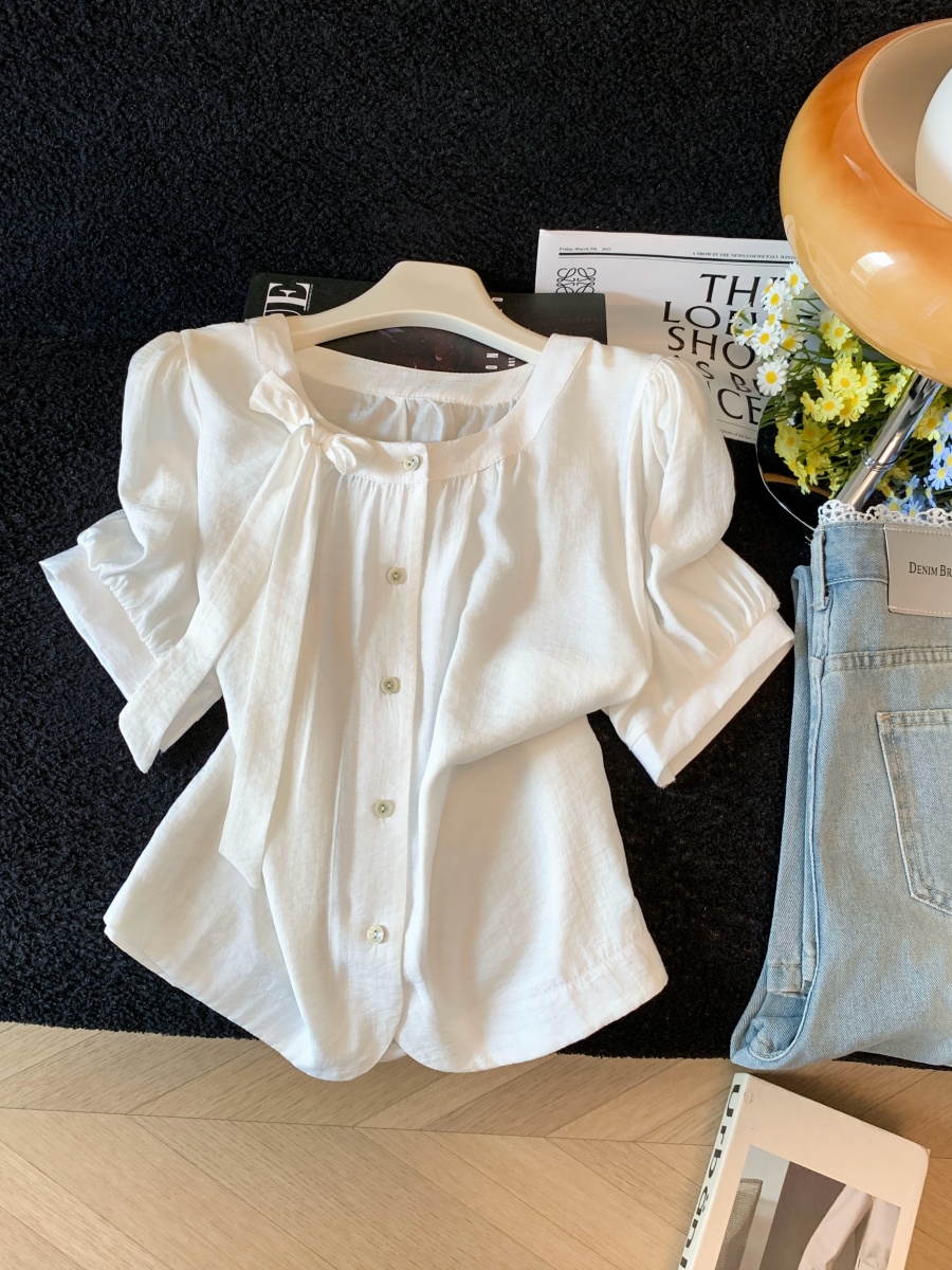 Sweet Bow Tie Short Sleeve Women's Shirt Summer 2026 New Loose Fit Blouse - Image 4