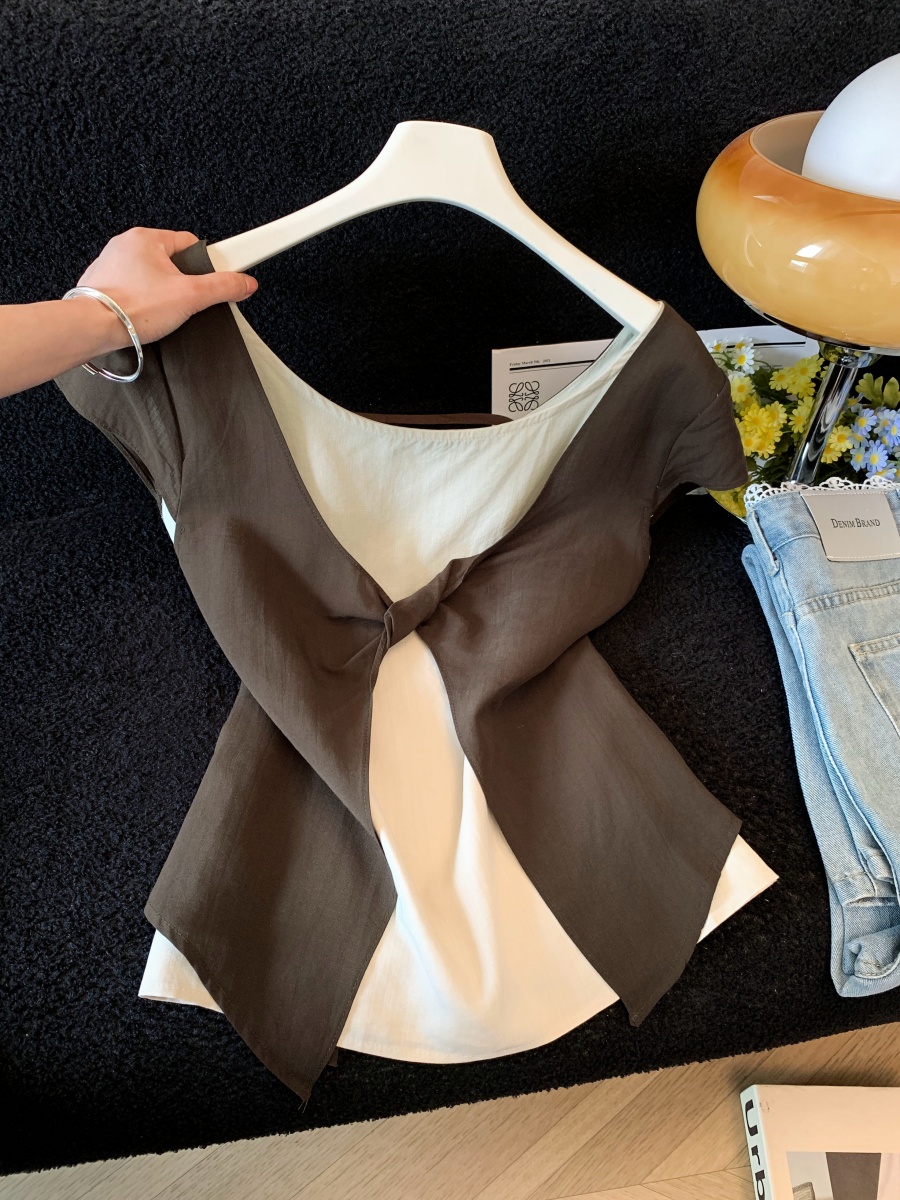 Women’s Summer Korean Style Faux Two-Piece Twist Top Short Sleeve Color Block Slimming Versatile Shirt