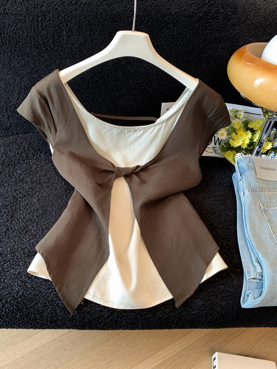 Women’s Summer Korean Style Faux Two-Piece Twist Top Short Sleeve Color Block Slimming Versatile Shirt