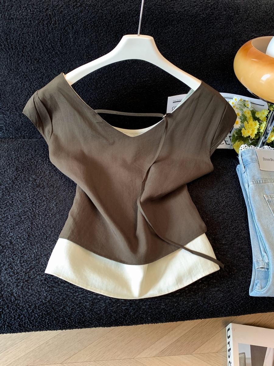 Women's Summer Korean Style Faux Two-Piece Twist Top Short Sleeve Color Block Slimming Versatile Shirt - Image 3