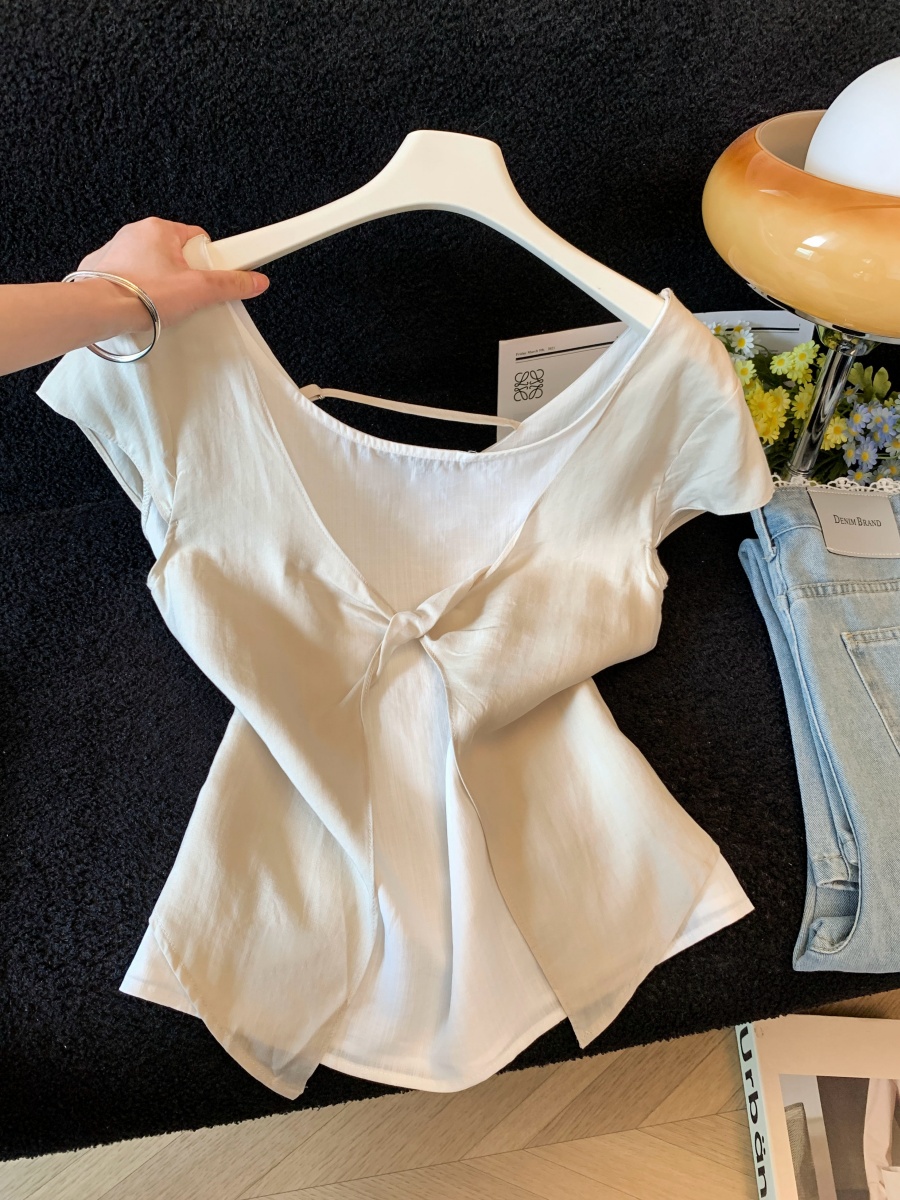 Women's Summer Korean Style Faux Two-Piece Twist Top Short Sleeve Color Block Slimming Versatile Shirt - Image 4