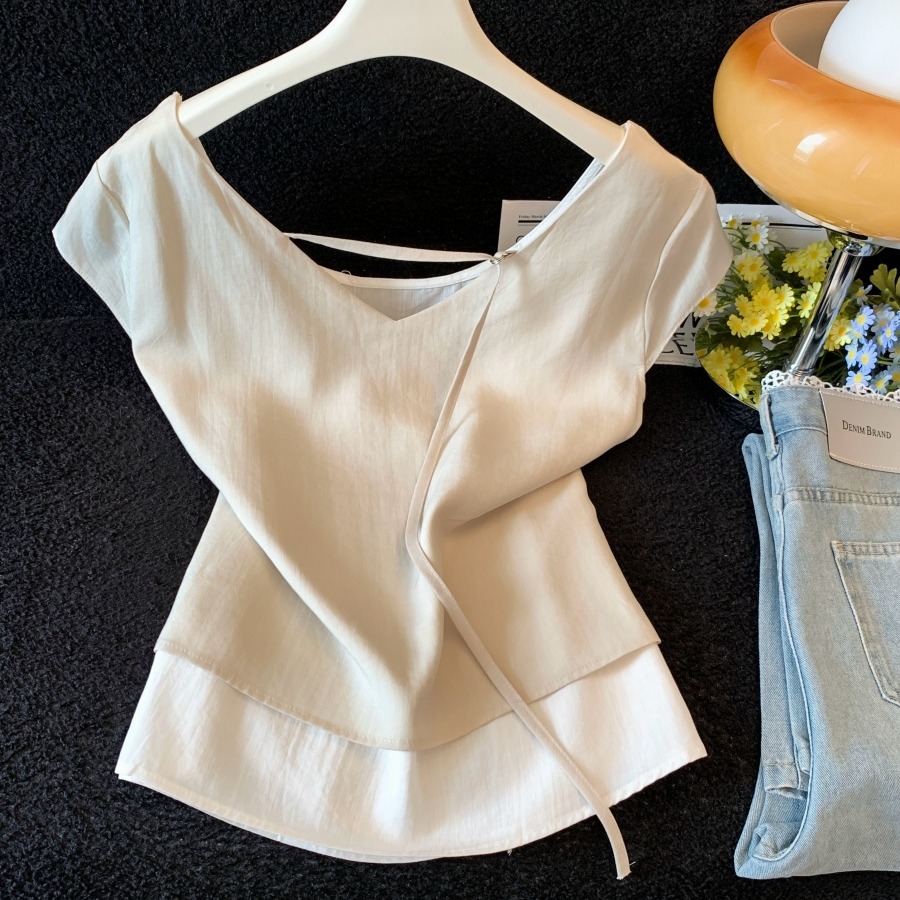 Women's Summer Korean Style Faux Two-Piece Twist Top Short Sleeve Color Block Slimming Versatile Shirt - Image 5