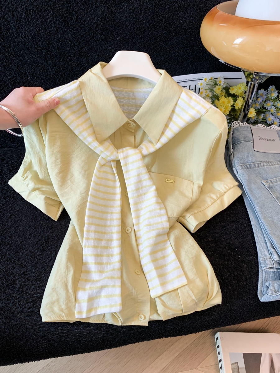 Women's Summer 2026 Striped Short Sleeve Shirt with Cape and Polo Collar