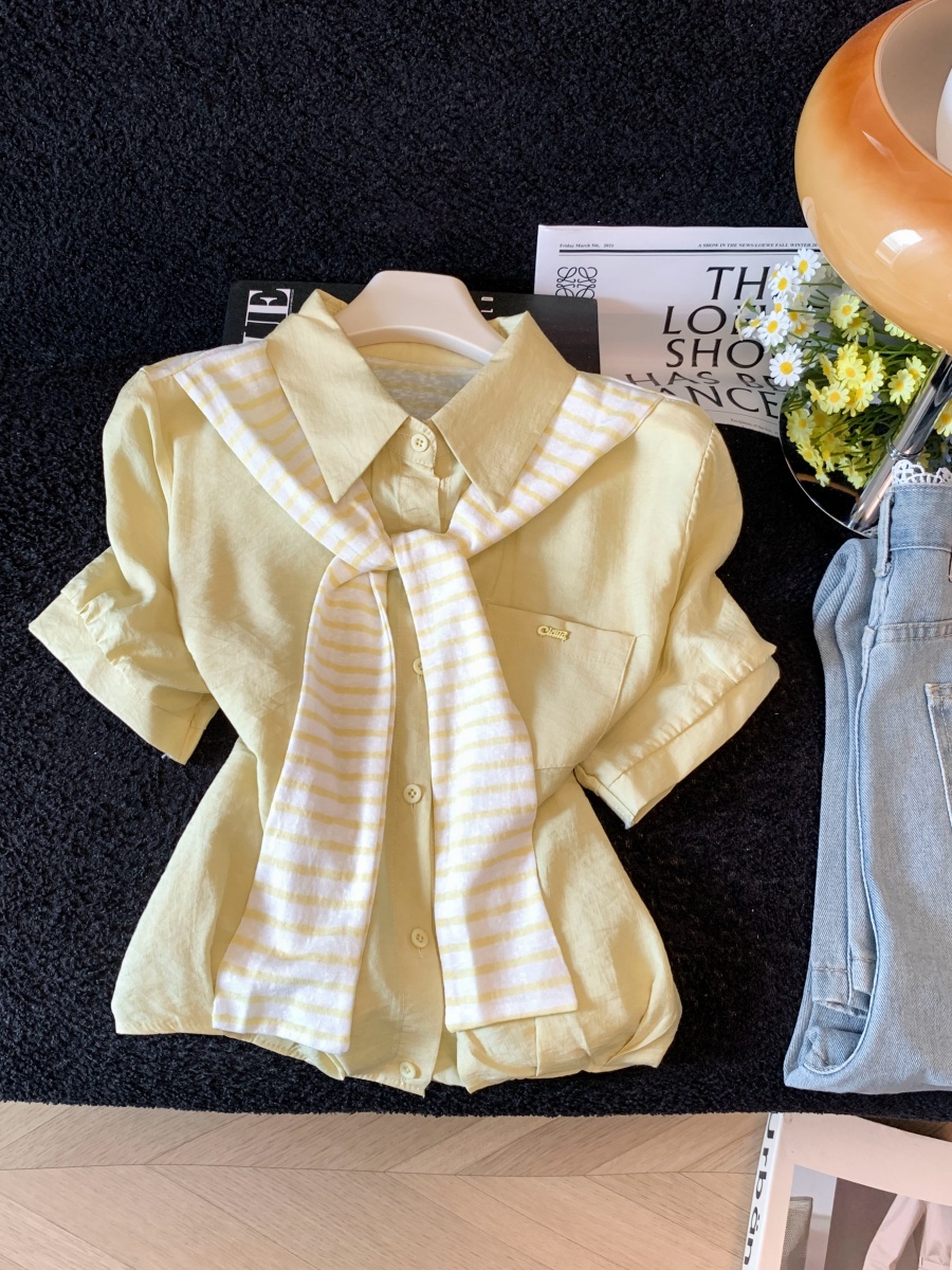 Women's Summer 2026 Striped Short Sleeve Shirt with Cape and Polo Collar - Image 2