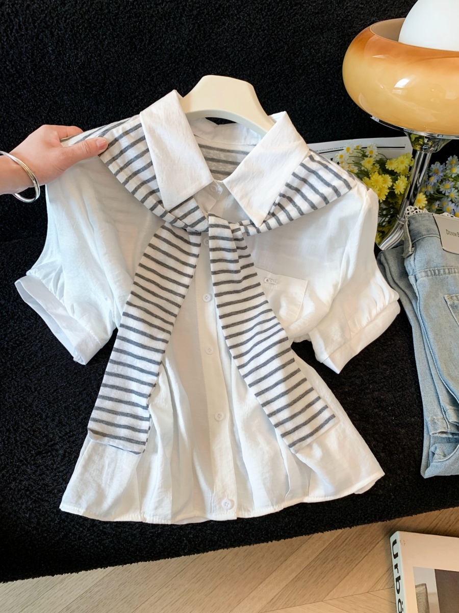 Women's Summer 2026 Striped Short Sleeve Shirt with Cape and Polo Collar - Image 3