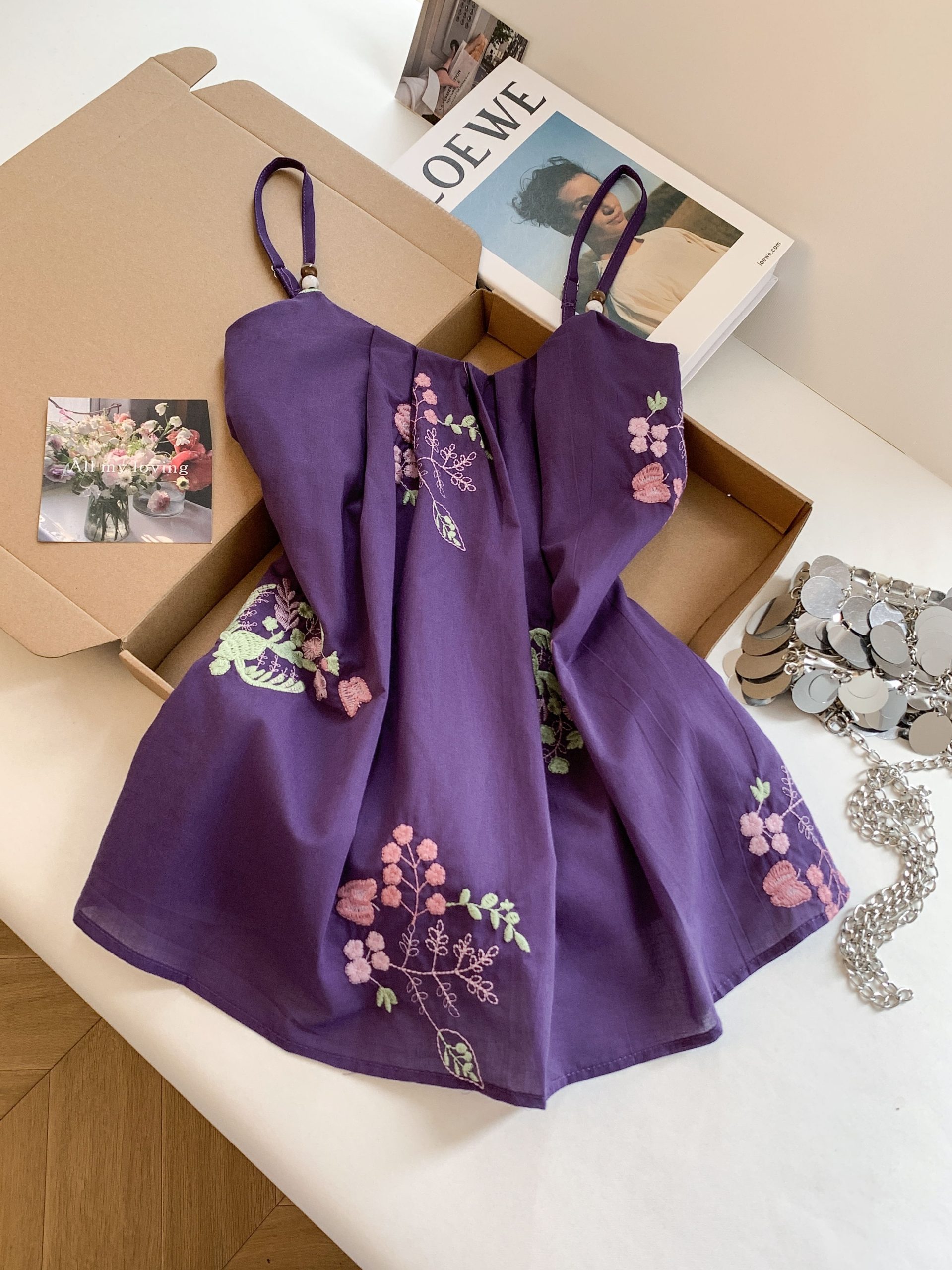 Purple Embroidered Floral Cami Top with Beaded Straps Women 2026 Summer Sleeveless Backless Blouse