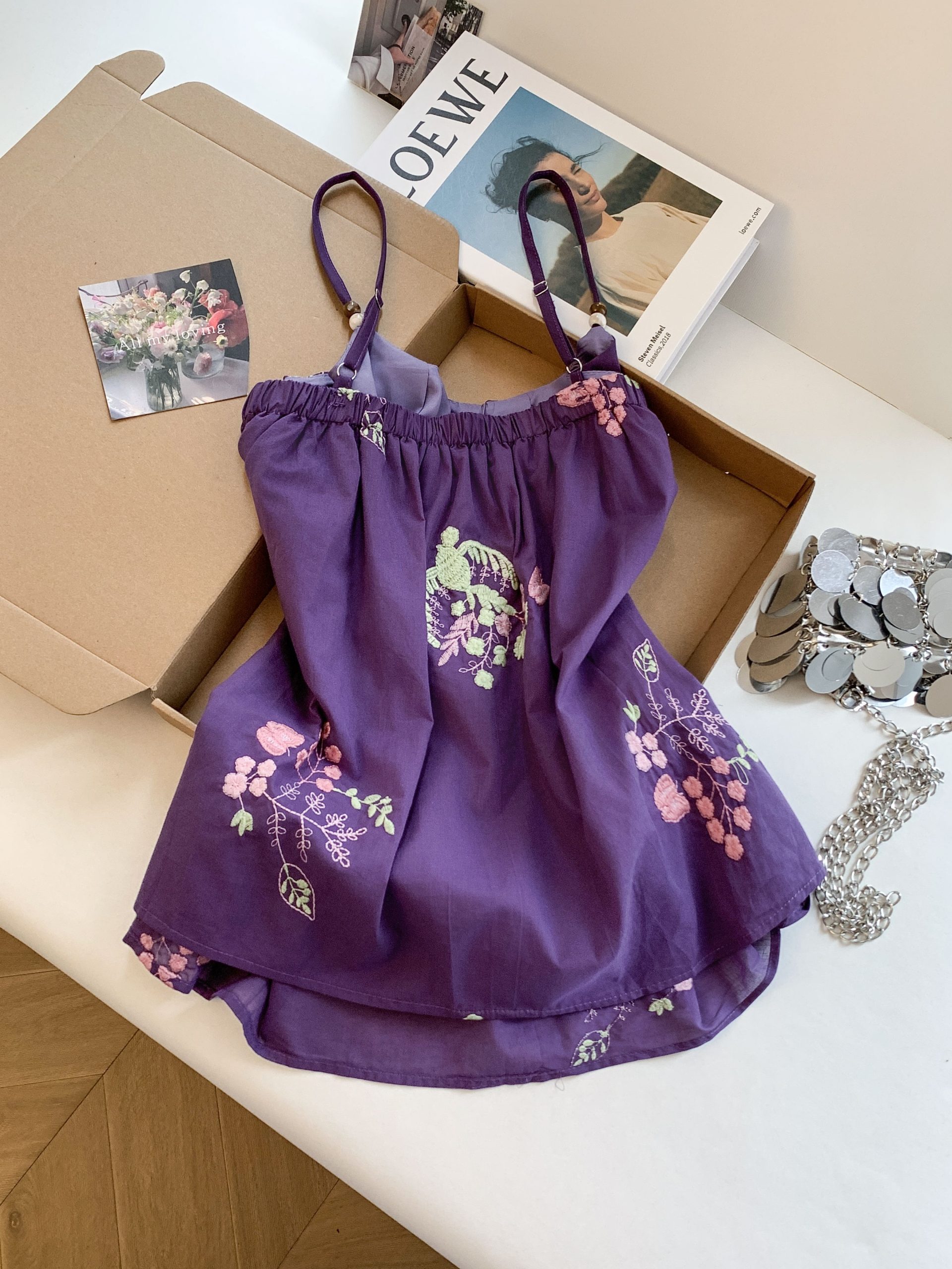 Purple Embroidered Floral Cami Top with Beaded Straps Women 2026 Summer Sleeveless Backless Blouse