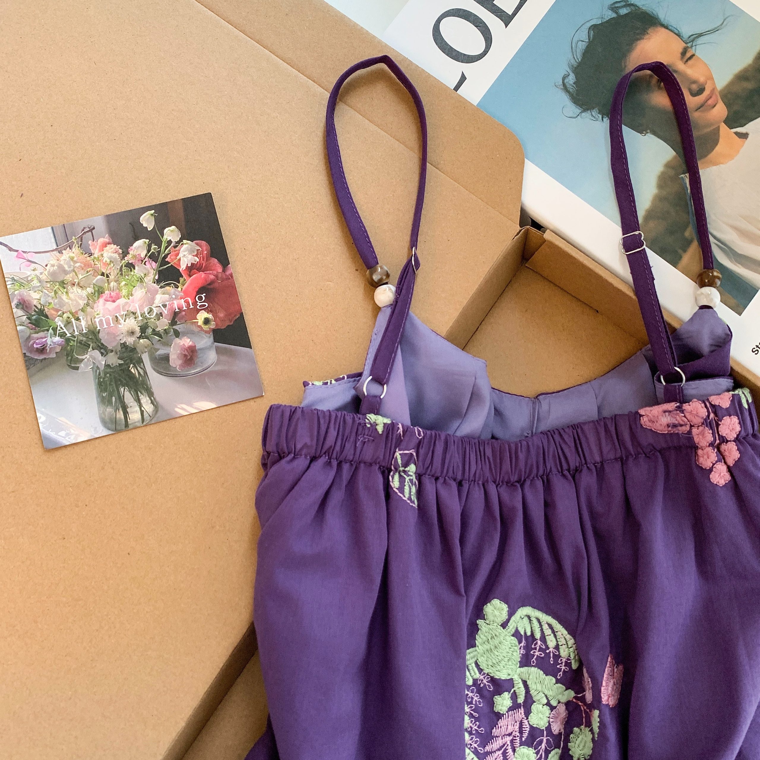 Purple Embroidered Floral Cami Top with Beaded Straps Women 2026 Summer Sleeveless Backless Blouse - Image 5