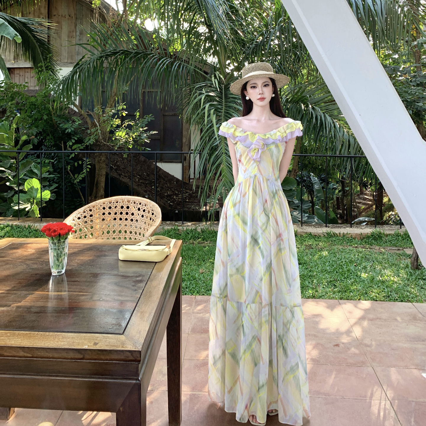 Women's Summer Vacation Dress with Ruffled Open Back and Print Color Block - Image 3
