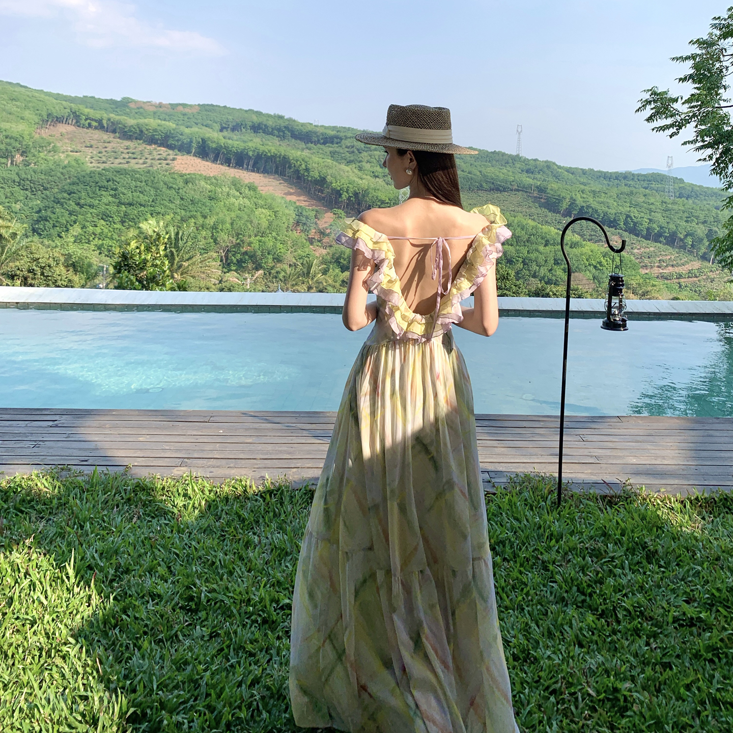 Women's Summer Vacation Dress with Ruffled Open Back and Print Color Block - Image 5