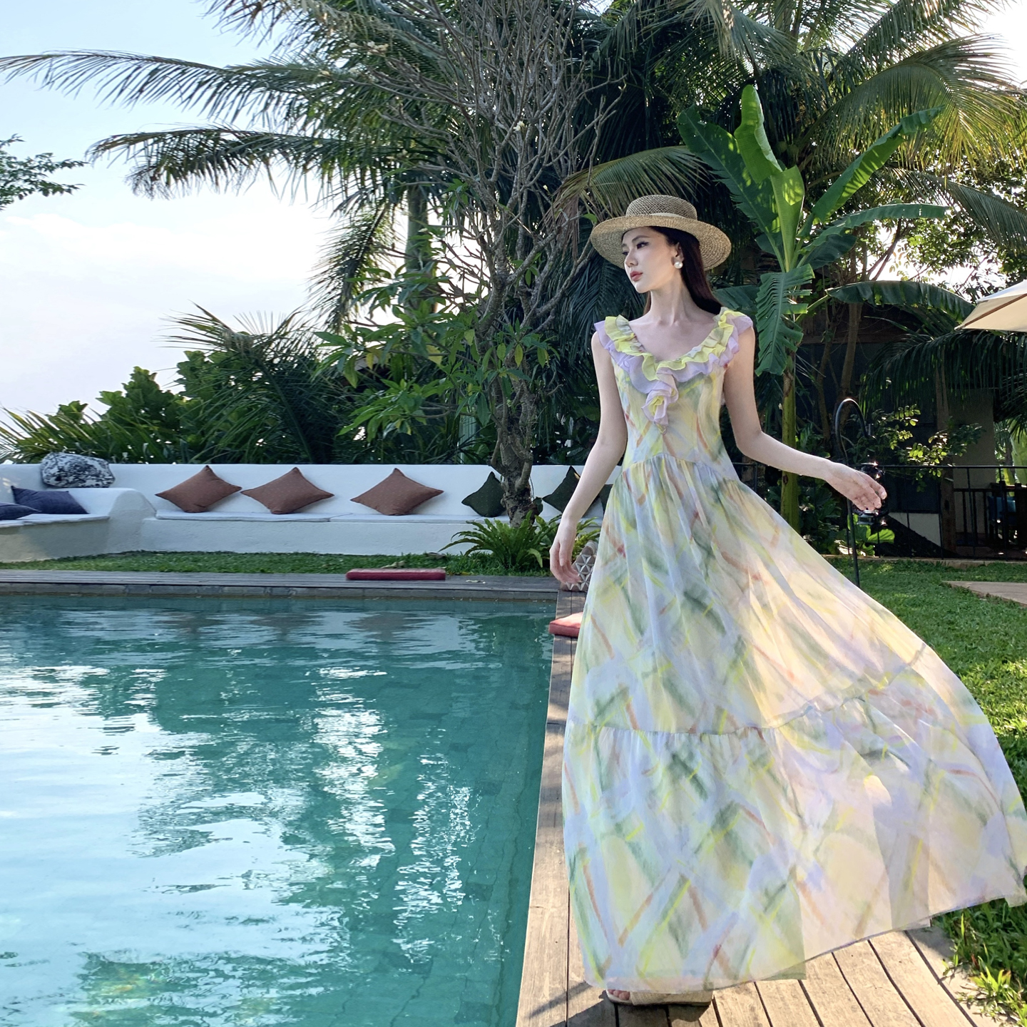 Women's Summer Vacation Dress with Ruffled Open Back and Print Color Block - Image 4