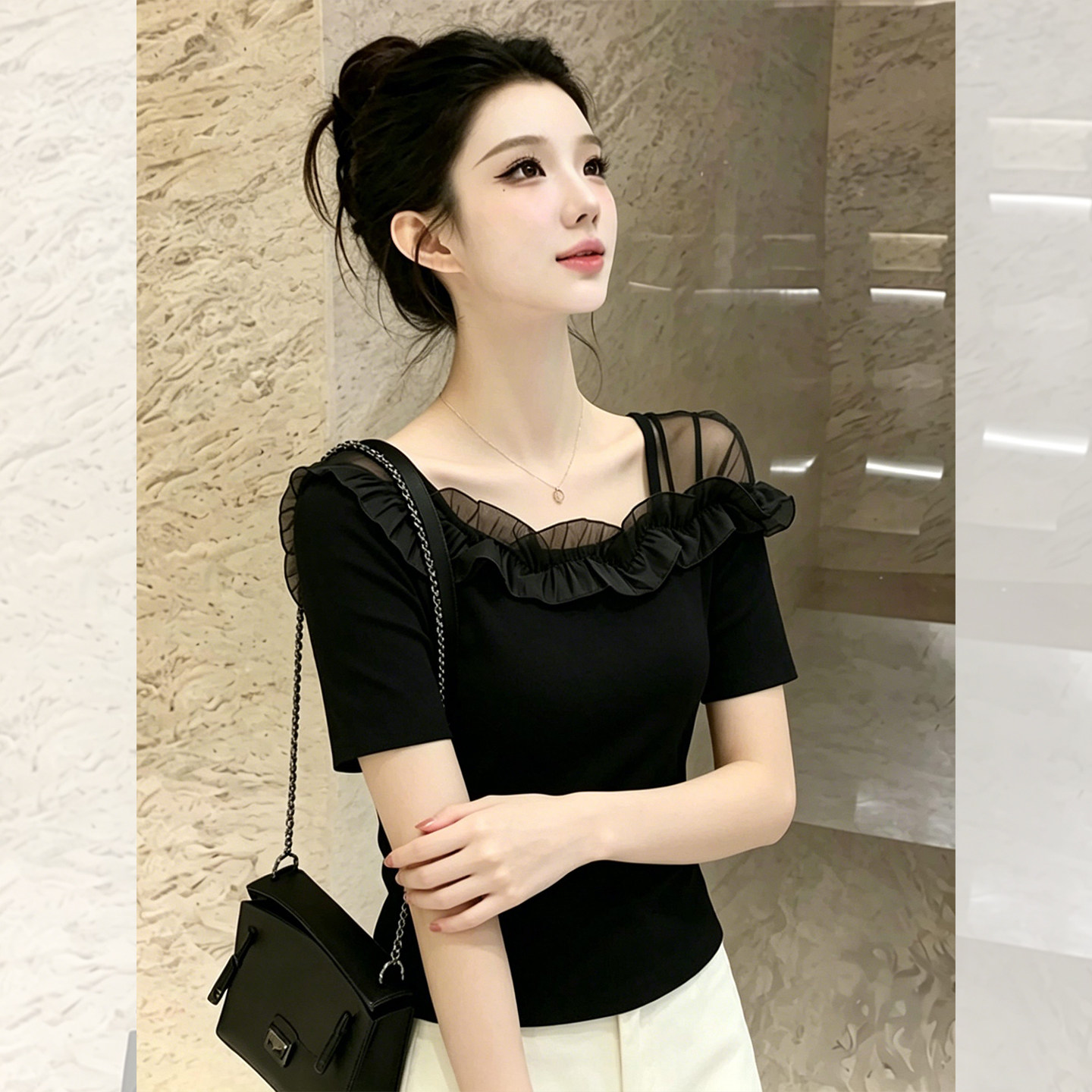 Black Slim Fit Lace Trim Short Sleeve T-Shirt for Women 2026 Summer