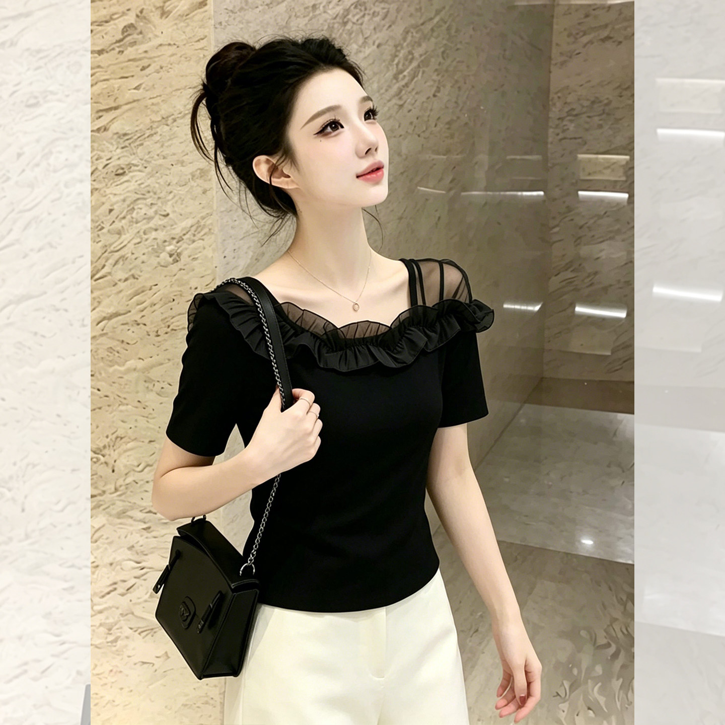 Black Slim Fit Lace Trim Short Sleeve T-Shirt for Women 2026 Summer - Image 3
