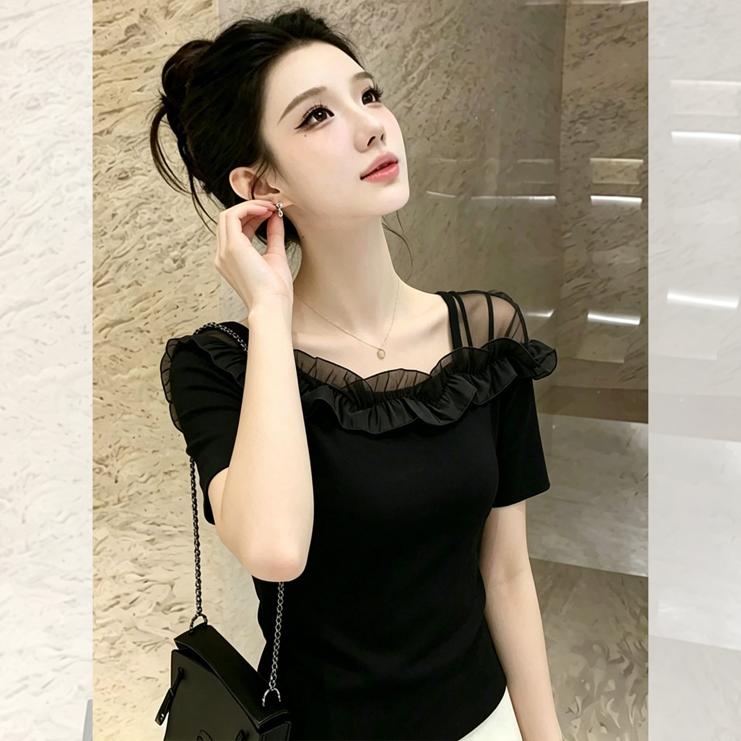 Black Slim Fit Lace Trim Short Sleeve T-Shirt for Women 2026 Summer - Image 4