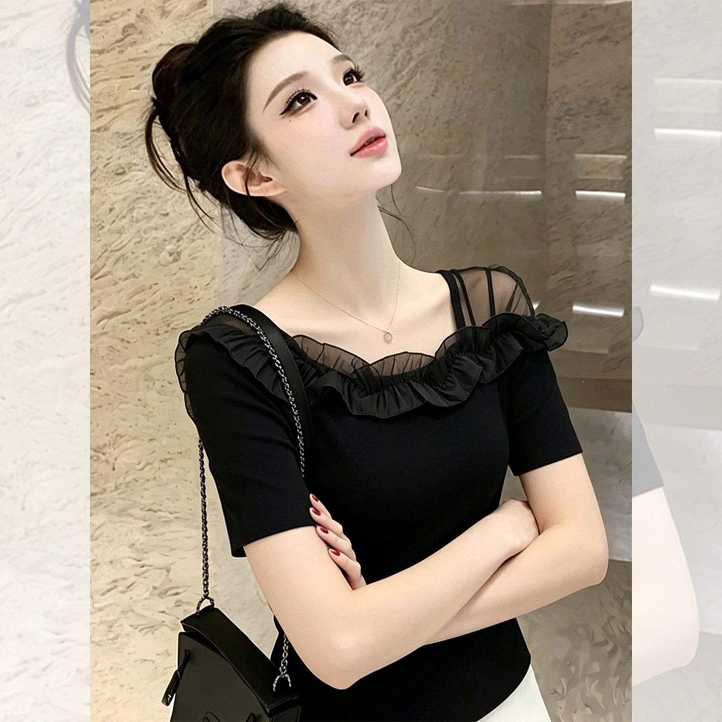 Black Slim Fit Lace Trim Short Sleeve T-Shirt for Women 2026 Summer - Image 5