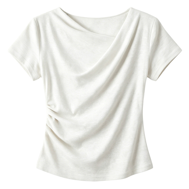 Women’s Khaki Ruched Slim Fit Asymmetric Neck Short Sleeve T-Shirt Summer 2026