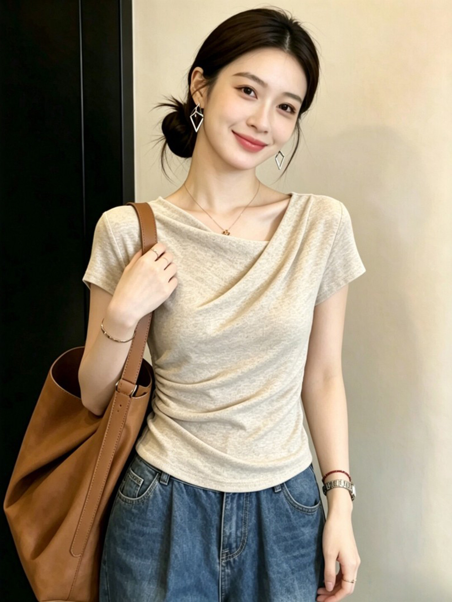 Women's Khaki Ruched Slim Fit Asymmetric Neck Short Sleeve T-Shirt Summer 2026 - Image 4